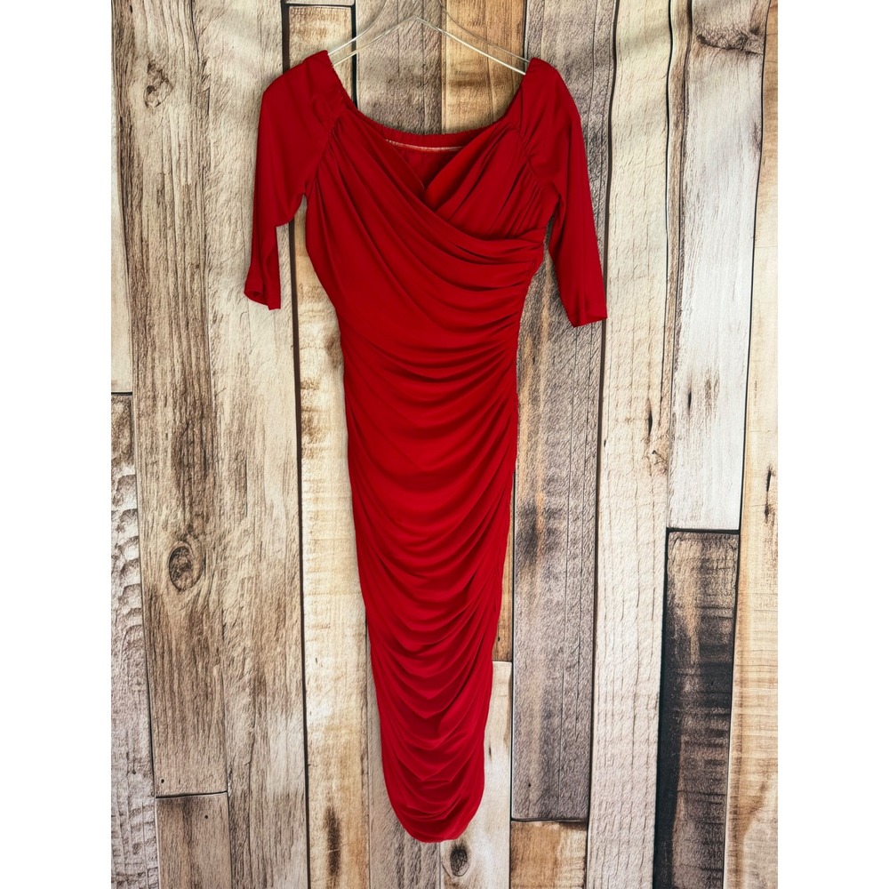 Laura Byrnes Dress Pinup Wiggle Ruched Bodycon Rockabilly Retro Red Bombshell XL
